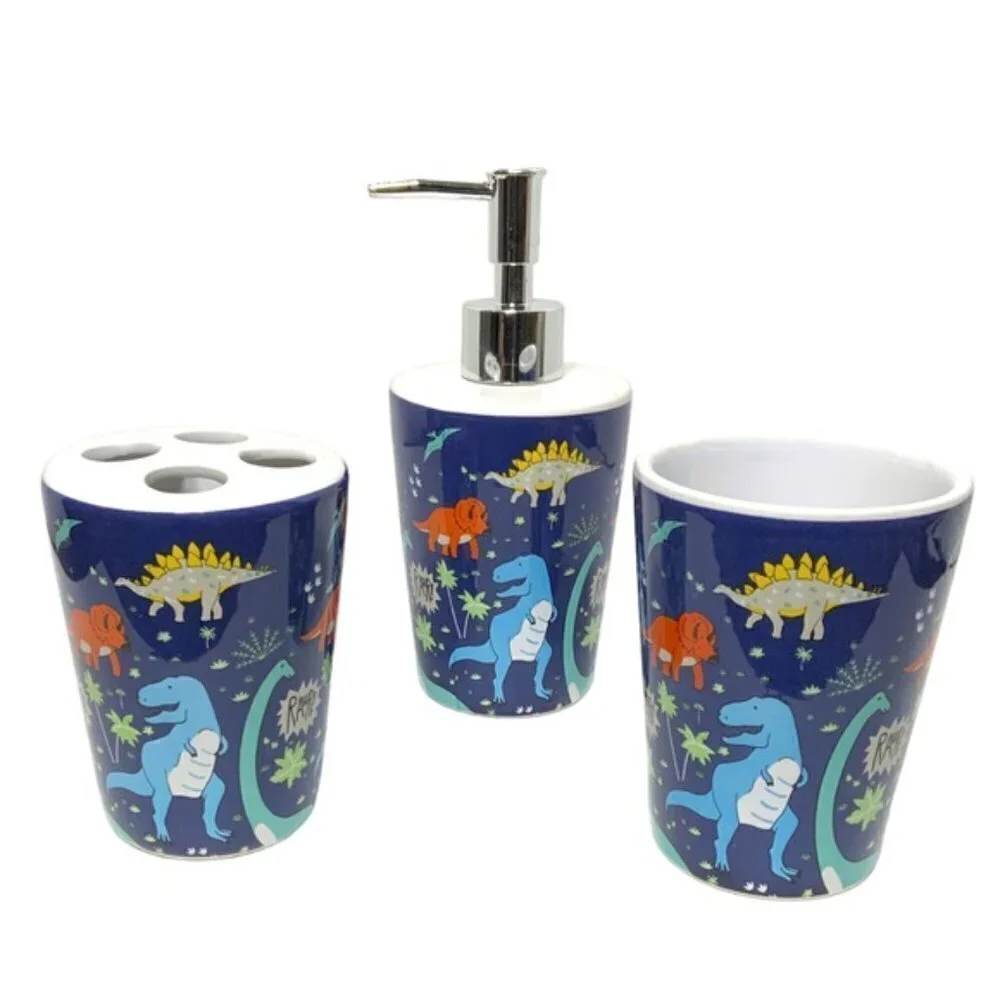 Matt & Maddie Dinosaur Bath Accessories Kids Colorful Ceramics Blue 3 Piece Set